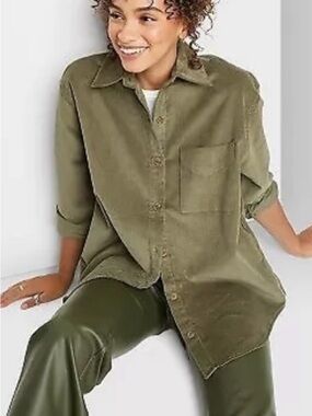 Corduroy Button-Up Oversized Shirt 100% Cotton Soft Neutral Color XSMALL